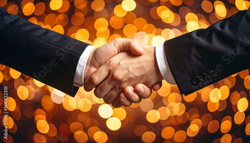 Two men in suits shake hands against a bokeh background of warm gold lights