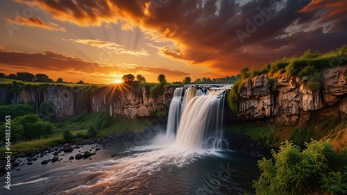 Majestic Waterfall at Sunset with Fiery Orange Sky and Golden Glow V1