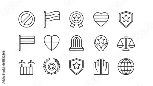 Vector art of collection of line icons representing various concepts including human rights, justice, freedom, and social issues, isolated