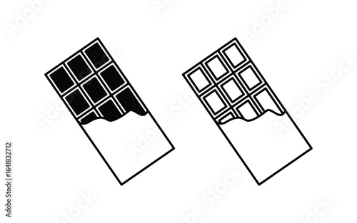 Chocolate bar with squares in wrapper black flat and outline vector icon, chocolate icon on white background.