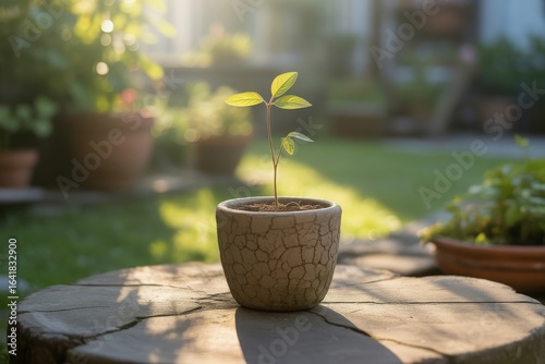 Small plant in a textured pot on a wooden surface outdoors