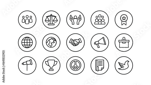 Vector art of collection of circular line icons representing social and political themes like teamwork, justice, global issues, communication, and peace, isolated