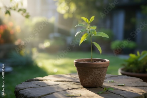 Young plant growing in a pot on a wooden surface outdoors