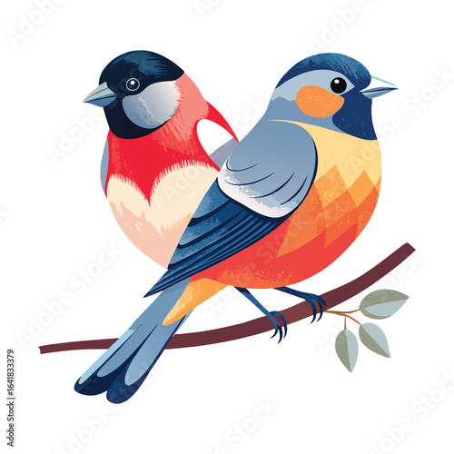 A colorful bullfinch sits on a tree branch, its silhouette a vector illustration of nature and wild animal life