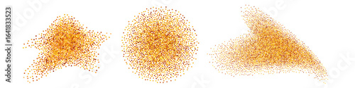 Turmeric powder splash spots, geomatric shapes, spicy dot paricles and crumbles, orange and yellow ground flavor for cooking, curcuma or curry spice. Isolated  vector illustration