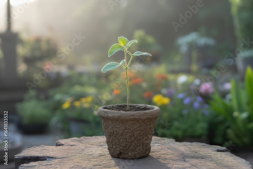 Young seedling growing in a pot on a stone with a soft garden background