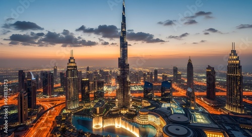 Dubai Skyline at Sunset: Burj Khalifa and Fountain