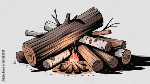 Cozy Campfire Illustration with Detailed Logs and Flickering Flames Ideal for Outdoor Adventure Themes and Relaxation Concepts