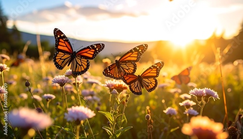 Monarch butterflies in a field at sunset (1)