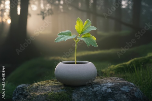 Young plant in pot on mossy rock in sunlit forest
