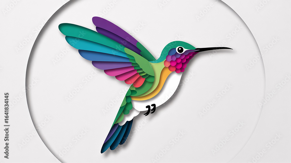 Obraz premium Vibrant Hummingbird Illustration with Colorful Wings Layered Paper Art Style for Nature and Design Concepts Graphic Resource
