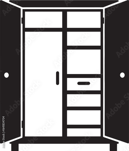 Wardrobe Silhouette in Black, Classic Wooden Closet Vector