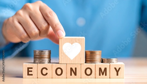 A person placing a block with a heart symbol on top of a stack of wooden blocks that spells out ECONOMY.