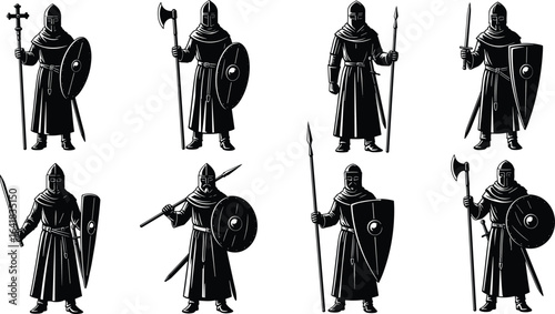 Medieval knight warrior collection, armed soldiers with swords, spears, axes, shields, crusader fighters, vintage battle armor, historical military illustration design