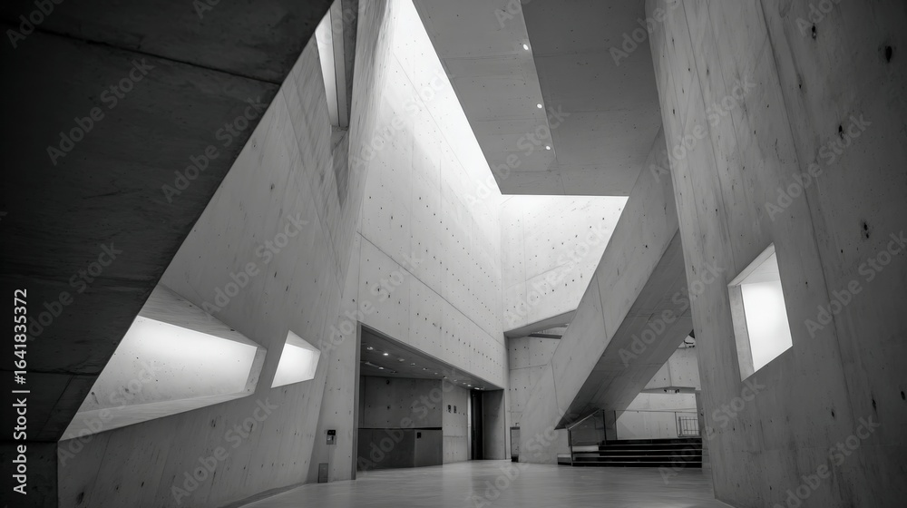 Fototapeta premium Striking Interior Architecture Featuring Geometric Concrete Design, Natural Light, and Dynamic Angles in a Modern Building