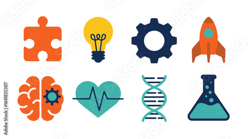 Creative Innovation and Scientific Exploration Icons Depicting Problem Solving and Progress in Various Fields