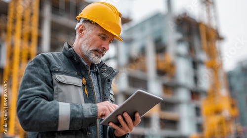 civil engineer or architect with hardhat on construction site checking schedule on tablet computer	