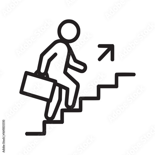 Outline illustration of a person climbing stairs holding a briefcase with an arrow pointing up