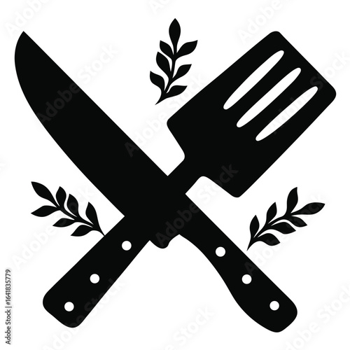 Culinary Cross: A clean, minimalist graphic of a knife and spatula crossed, symbolizing cooking and food preparation. With a couple of leaves around the blade to add a touch of natural element.