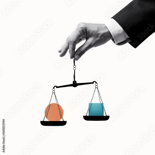 The scales of justice are in the hands of a just judge. Art collage.