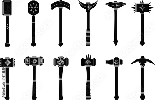 Medieval war hammer silhouettes, fantasy battle weapons, ancient combat tools, blacksmith forged hammers, decorative weapon designs, black and white vector illustration set
