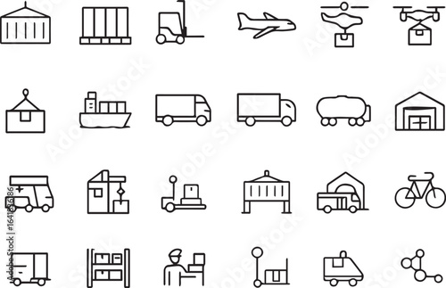 Commercial Vehicles Line Icon Set – Cargo Transport Vector Pictograms of Truck, Ship, Train, Forklift, Plane, Drone, Warehouse