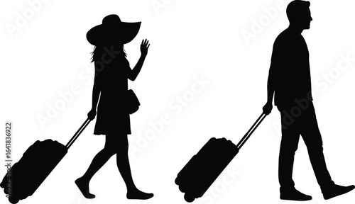 silhouette of man and woman traveling, people with luggage vector illustration, tourism and vacation design, black outline travelers, journey and trip art