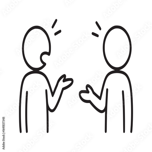 Two stick figures facing each other with one appearing to be speaking and gesturing with hands upraised