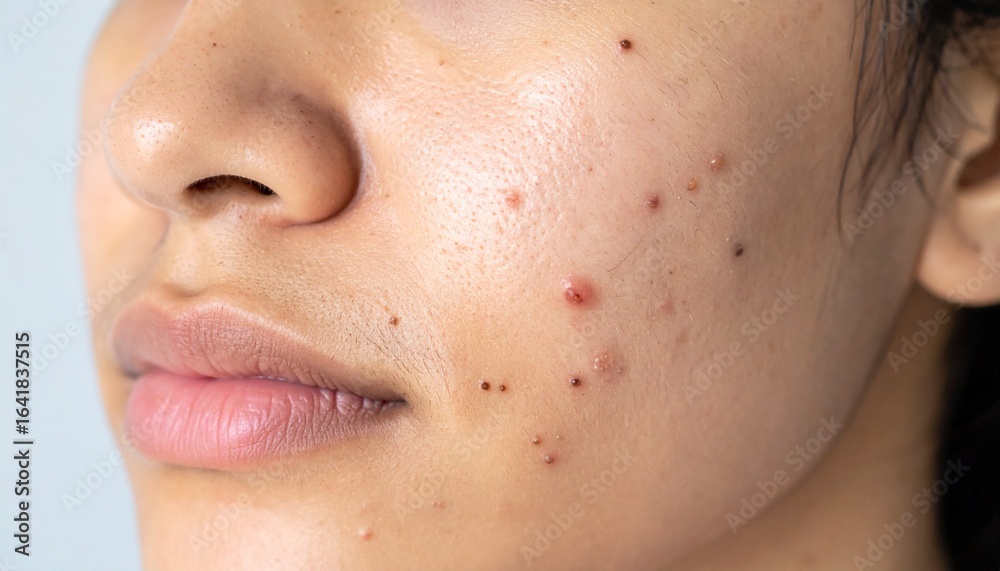 Fototapeta premium A close-up portrait of skin texture of a person showing skin acne and related blemishes.