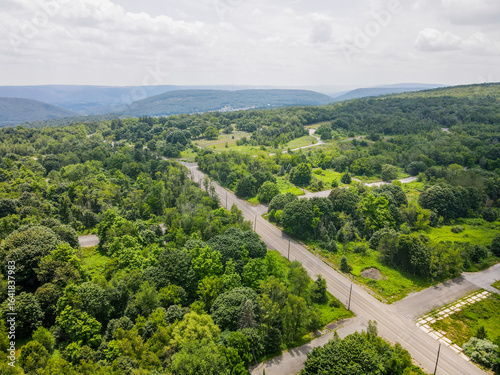 Aerial landscape during summer of green abandoned coal town Centralia Appalachia Pennsylvania