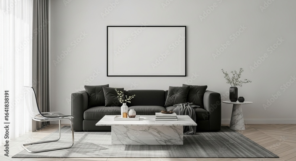 Obraz premium Modern living room interior with sofa, coffee table, and blank frame mockup