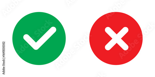 Check mark and cross mark icon buttons. Colourful check box icons. Right and wrong buttons. Yes or no checkmark icon. Green tick box and red cross box on white background. EPS 10. 