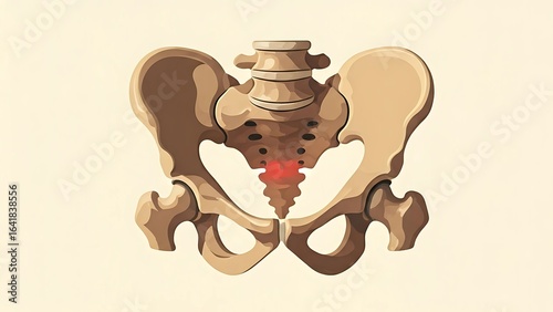 Human Pelvis Anatomy with Highlighted Sacrum and Coccyx Pain. Medical illustration of coccydynia or sacral discomfort.