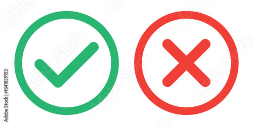 Check mark and cross mark icon button. Colourful check box icon. Right and wrong buttons. Yes or no checkmark icons. Green tick box and red cross box on white background. EPS 10. 