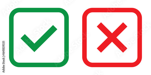 Check mark and cross mark icon button. Colourful check box icon. Right and wrong buttons. Yes or no checkmark icons. Green tick box and red cross box on white background. 