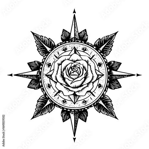 Detailed rose compass tattoo design vector illustration for print and tattoo design ideas and inspiration