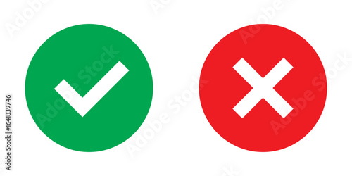 Check mark and cross mark icon button. Colourful check box icon. Right and wrong buttons. Yes or no checkmark icons. Green tick box and red cross box on white background. EPS 10. 