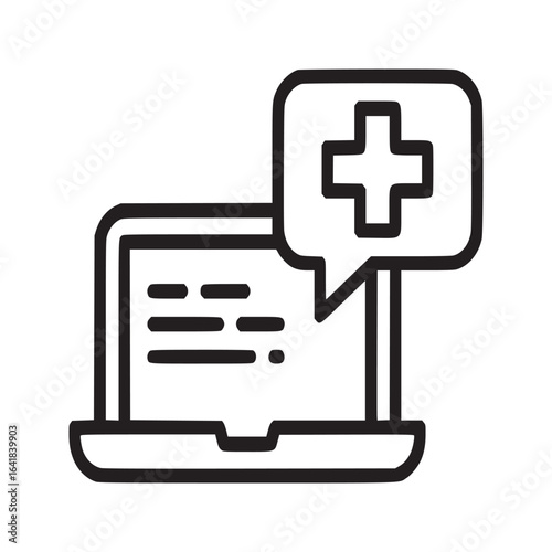 Line art of a laptop with text on the screen and a speech bubble with a plus sign icon next to it