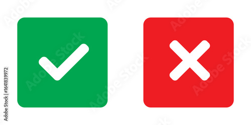 Check mark and cross mark icon button. Check box icon. Right and wrong buttons. Yes or no checkmark icons. Green tick box and red cross box on white background. EPS 10.