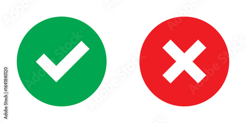 Check mark and cross mark icon button. Colourful check box icon. Right and wrong buttons. Yes or no checkmark icons. Green tick box and red cross box on white background. 