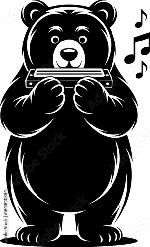 Bold black silhouette of bear playing harmonica in negative space vector art front view, ideal for rustic music themes, charming animal designs, and melodic illustrations