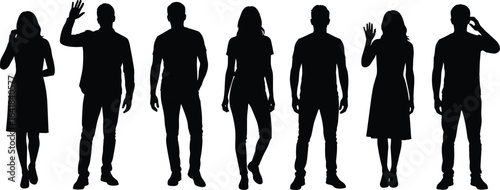Silhouette people standing, walking, waving, talking, vector illustration of men and women poses, isolated on white background, communication, human figures