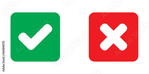 Check mark and cross mark icon button. Check box icon. Right and wrong buttons. Yes or no checkmark icons. Green tick box and red cross box on white background. EPS 10.