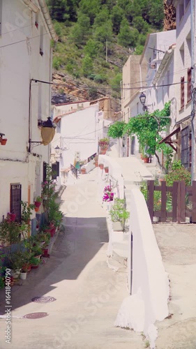 Old street decorated with flowers, white houses and plants, in Molinicos village, Castilla la Mancha, Spain.