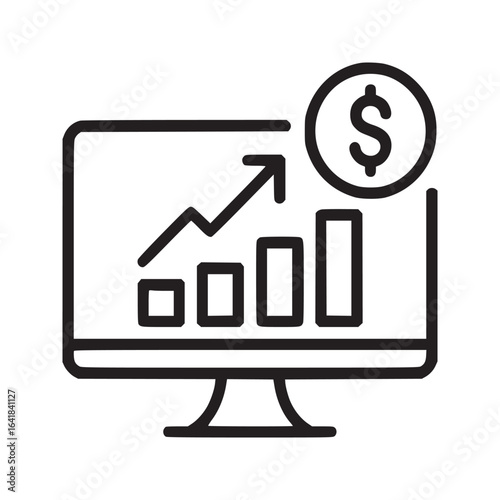 Computer screen displaying a financial graph with an upward trend and a dollar sign icon next to it