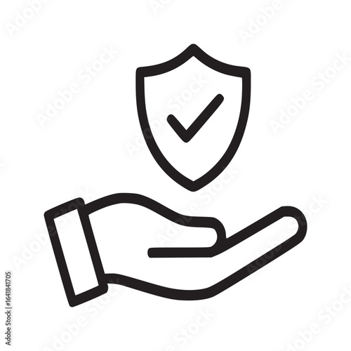 An illustration of a hand holding a shield with a check mark in the middle on a white background