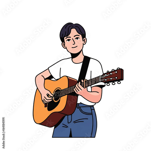 Young man plays acoustic guitar with joy in casual wear illustration. Artistic musician with a classic instrument.
