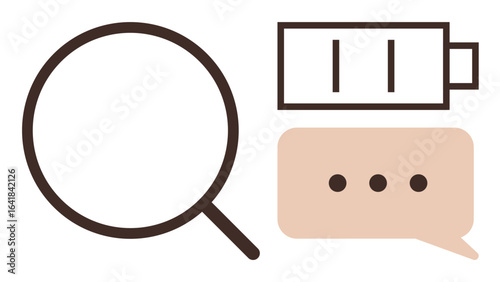 Magnifying glass for search, low battery icon for energy depletion, and chat bubble for interaction. Ideal for productivity, energy management, research, communication, teamwork, problem-solving