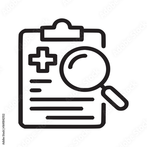 A clipboard with a medical cross and lines and a magnifying glass icon in black and white outline