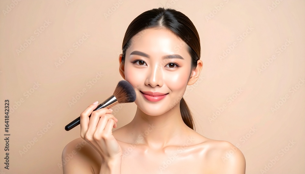 A portrait of a woman applying makeup with a brush, with a light background, Her skin appears flawless and radiant A portrait of a woman applying makeup with a brush, with a light background, Her skin appears flawless and radiant